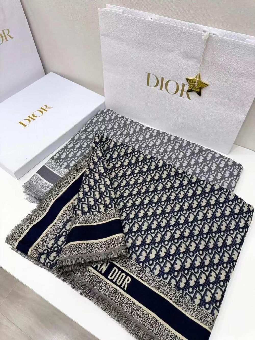 Dior Women's Navy & Gray Signature Logo Scarf